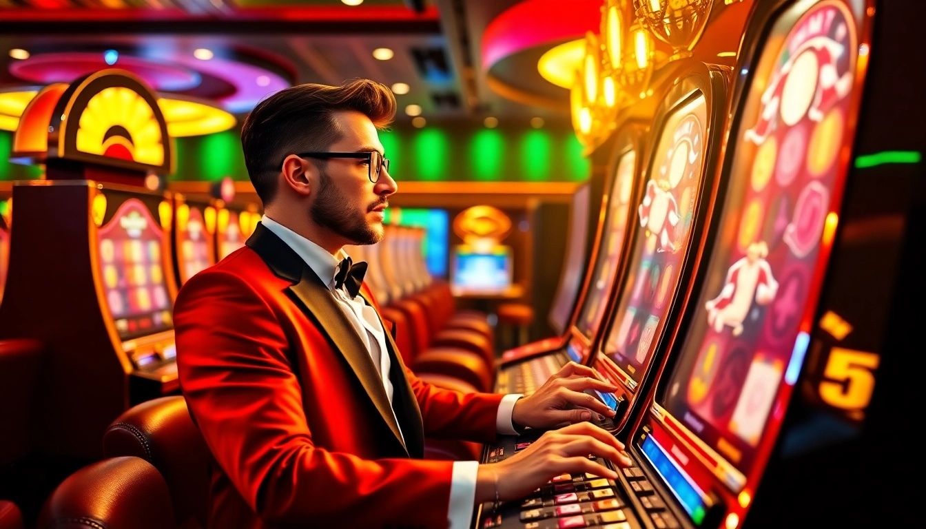 Excited player engaging with slot online machines in a luxurious casino setting filled with poker chips and roulette wheels.