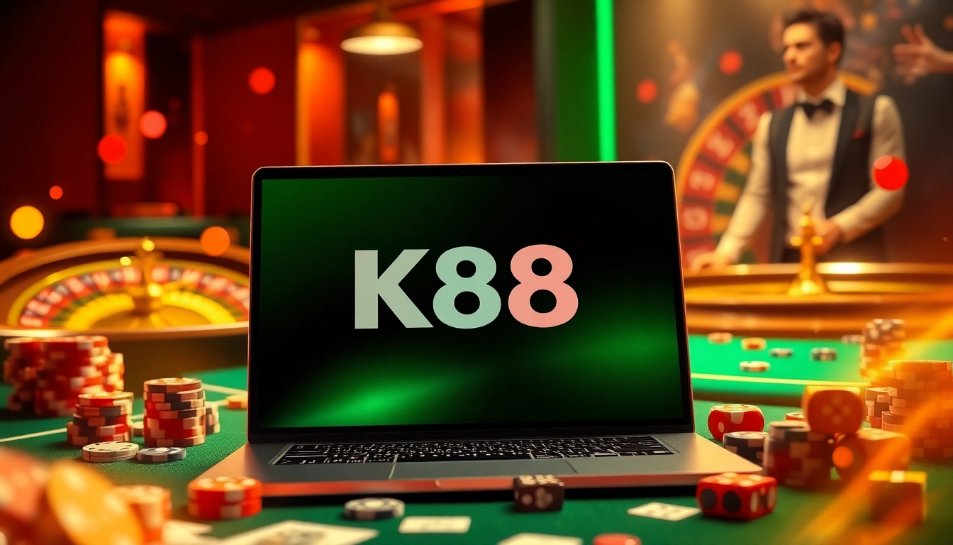 K88 online gambling interface surrounded by casino elements like poker chips and dice.