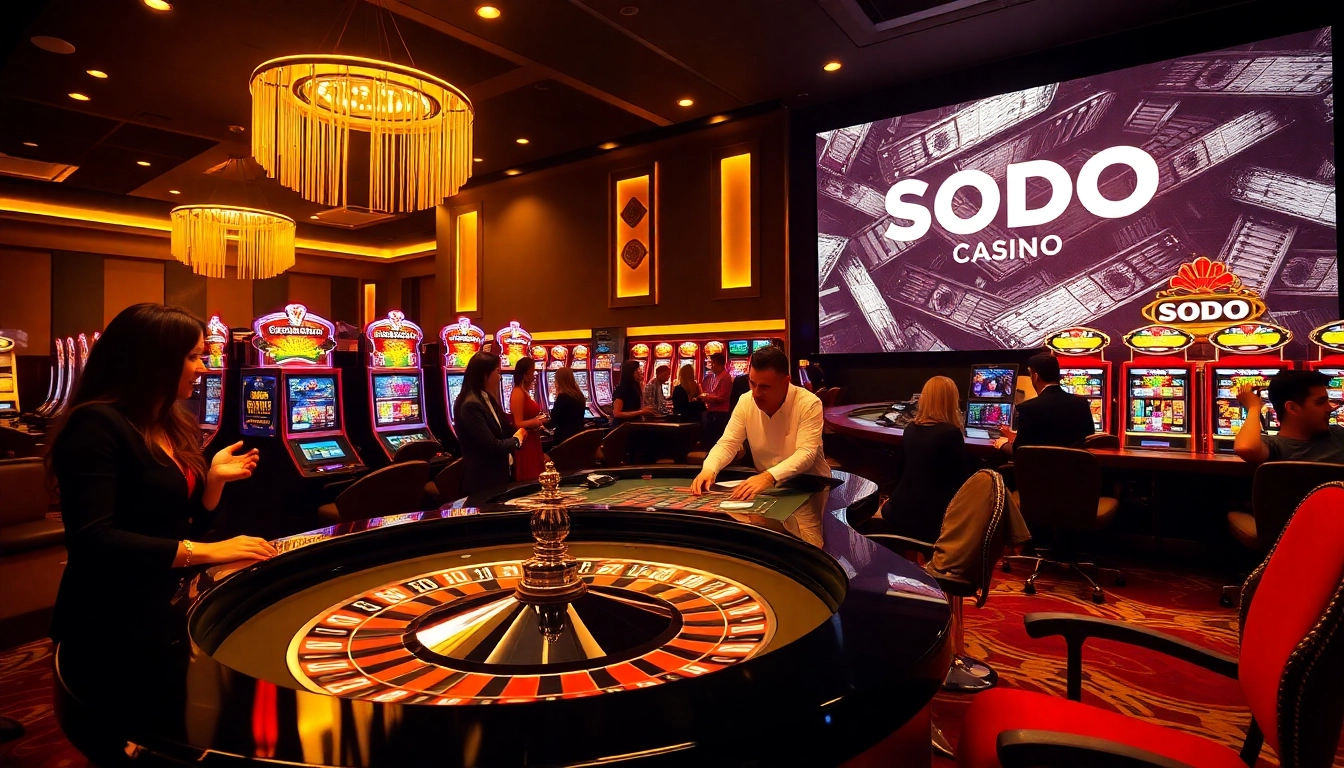 Exciting gameplay at SODO Casino with vibrant slot machines and poker chips on the table.