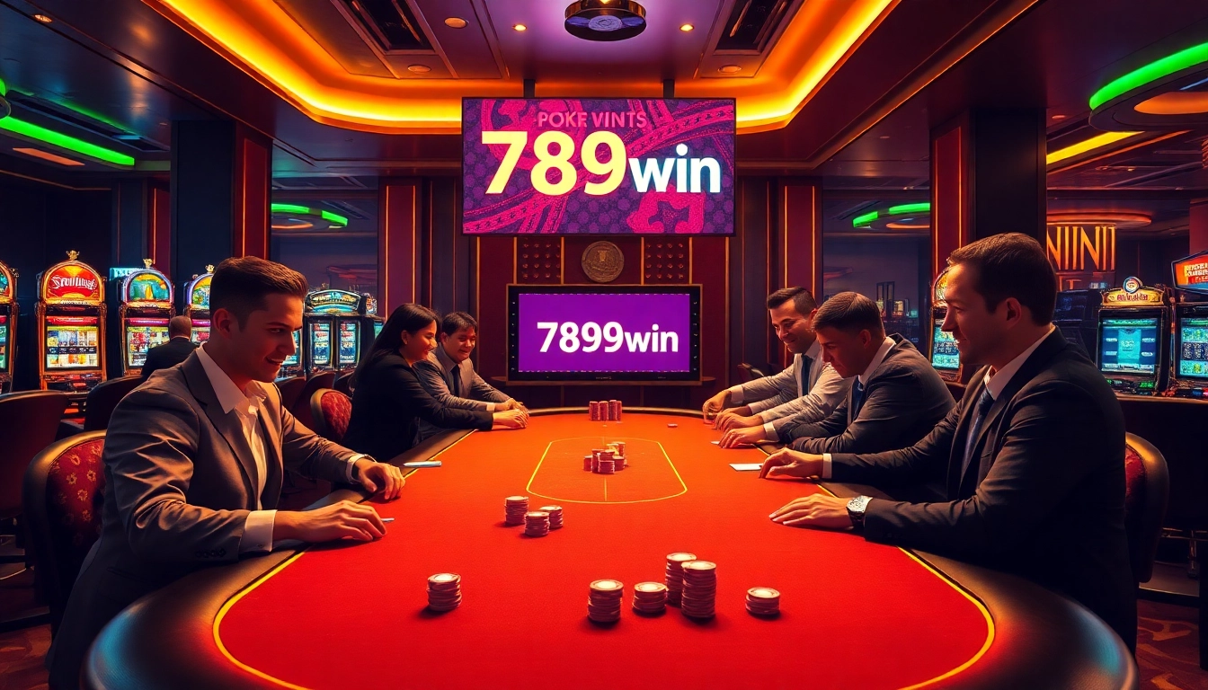 Experience the thrill of app 789win at a high-stakes casino table surrounded by intense card play.