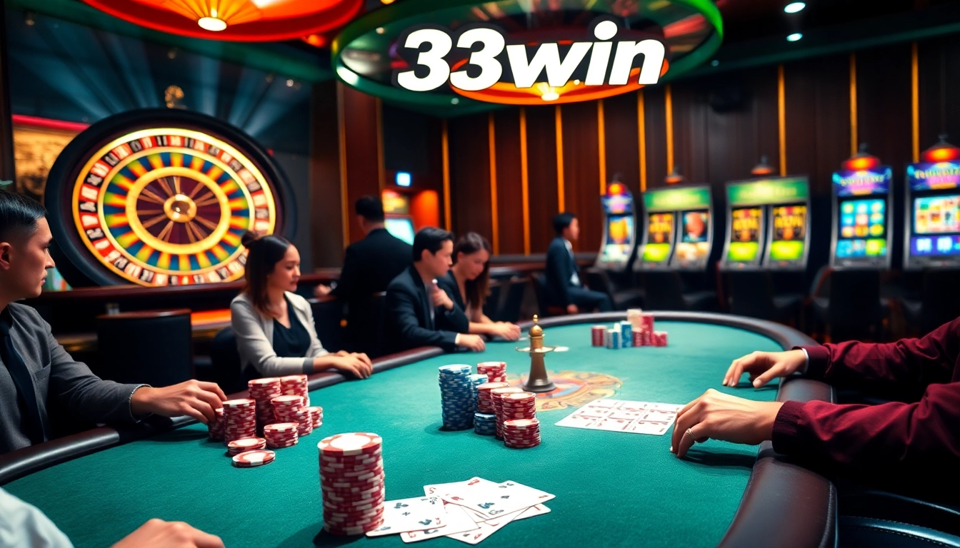 33win players engaging in an exciting poker game at a vibrant casino table.