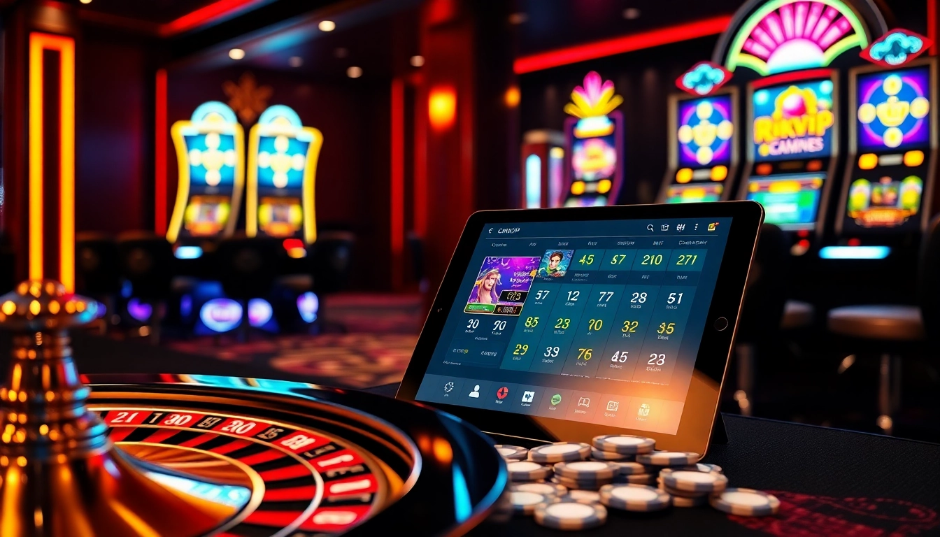 Experience thrilling gambling excitement at RIKVIP with vibrant slot machines and poker chips.