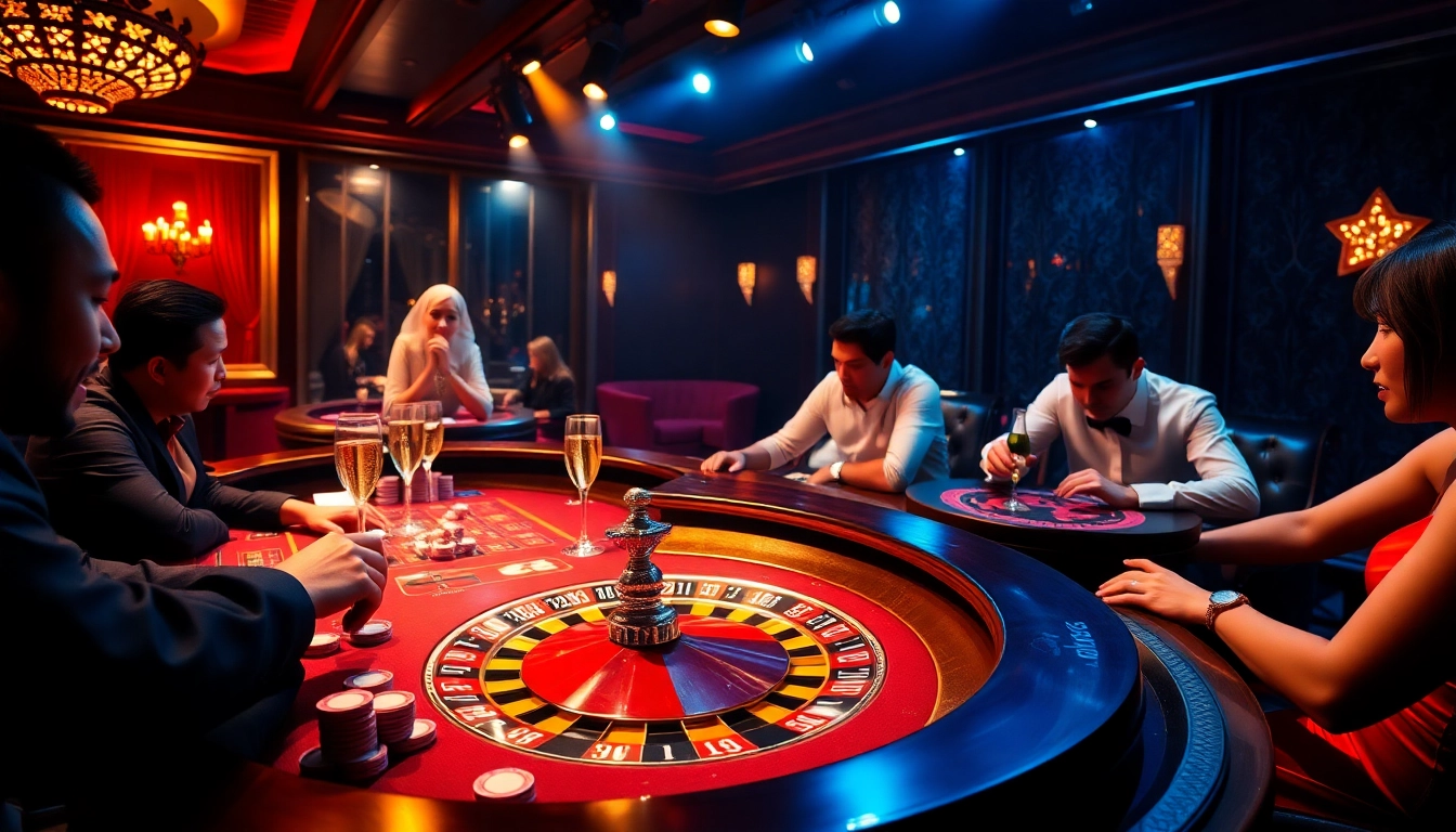 Players enjoying a thrilling game of poker at a luxurious casino table with j88 chips.