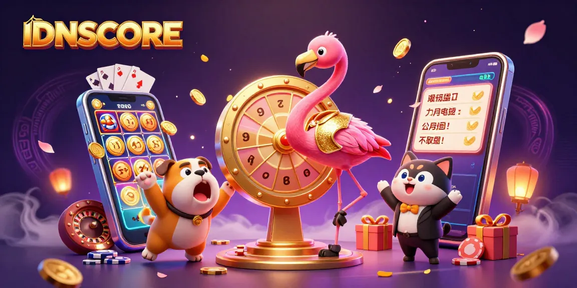 Spin the IDNSCORE prize wheel with excitement as tokens and rewards fly through the air.